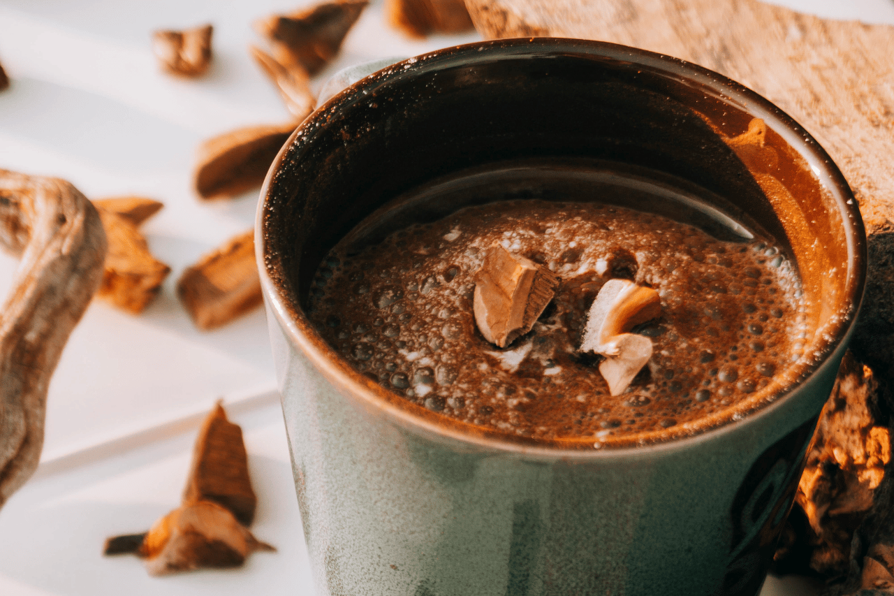 En kopp skummande varm choklad med reishi
