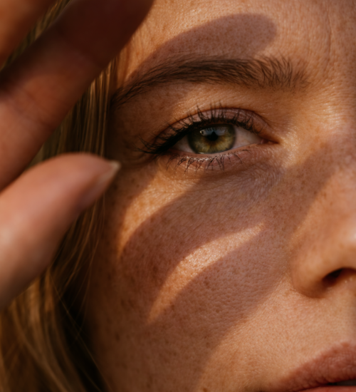 Närbild i varmt solljus av en kvinna som håller handen framför ansiktet, med skuggor som faller över huden och framhäver naturlig hudstruktur, porer och subtila linjer i en lugn, naturlig miljö.